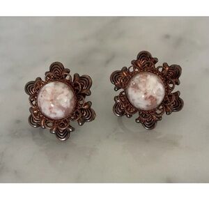Antique Glass Glitter Foil Opal Cabochon Copper Filigree Screw Back Earrings